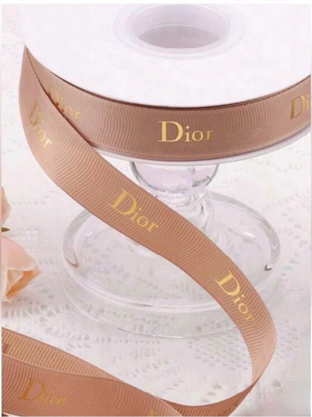 Dior Pink-Beige Satin Ribbon with Gold Logo